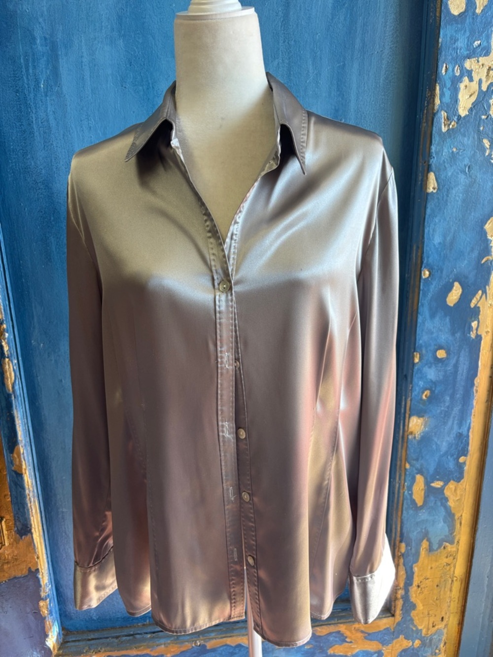 Men's Satin Button-Up Shirt in Taupe